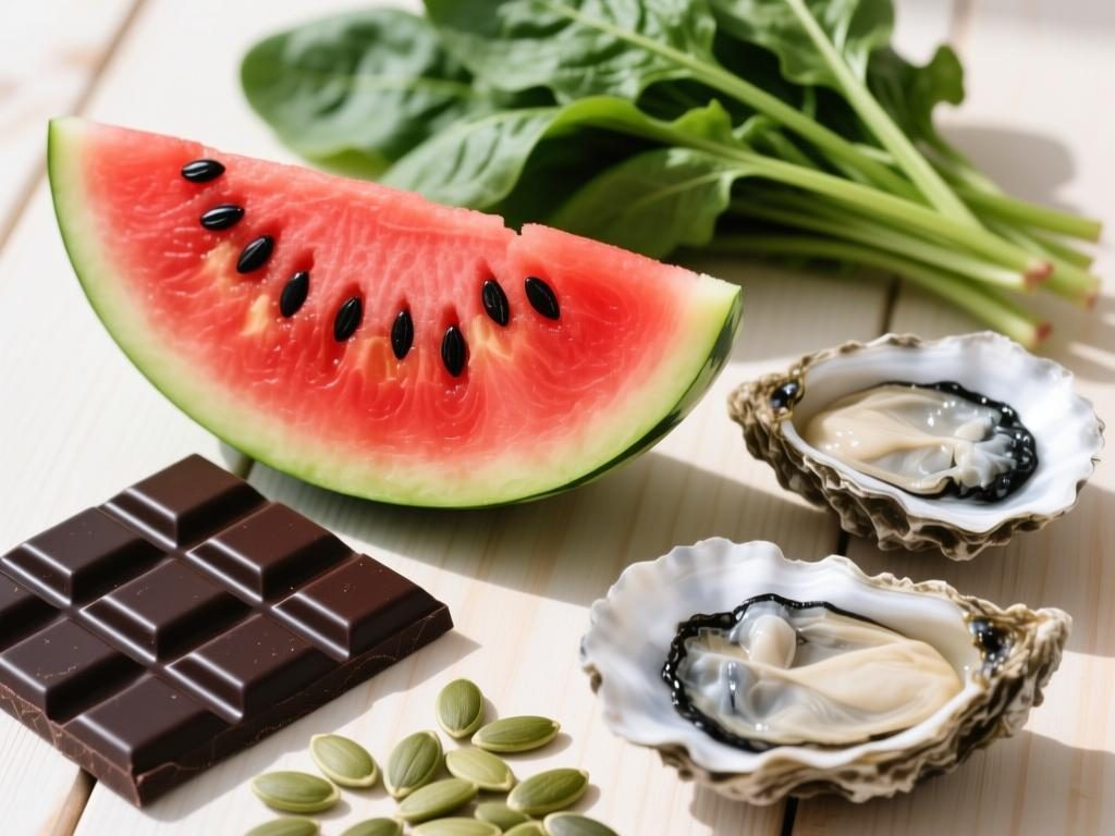 Watermelon, dark chocolate, oysters, pumpkin seeds, and spinach.